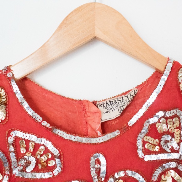 Star & Style | Vintage 80’s/90’s Red Short Sequin & Bead Trophy Dress | Size M - Picture 6 of 11